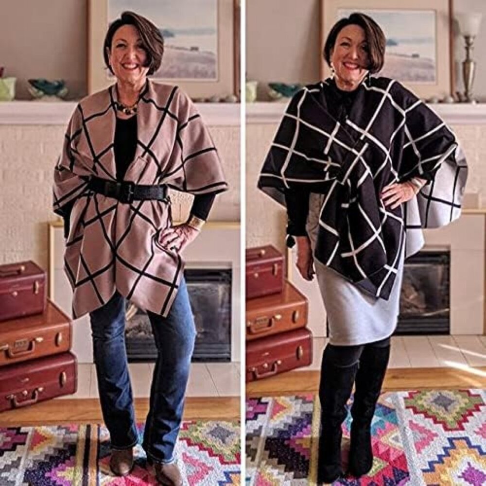 Women's Az Black and Khaki Fall Winter Shawl Open Front Cardigan Imported Shawls - Picture 2 of 8
